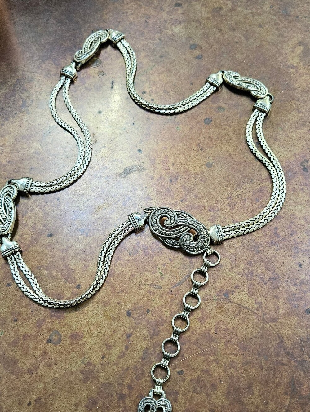 Chico's Silver-Tone Braided Link Necklace with Ornate Scroll Medallions